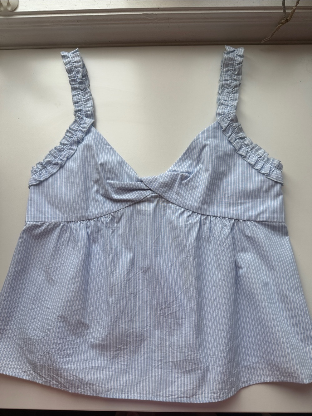 Zara TRF Blue & White Striped Poplin Ruffle Babydoll Top | XS